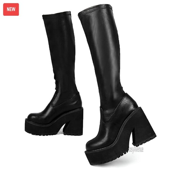 Shoes - Knee High Platform Combat Boots Elastic Leather Chunky Heel Zipper